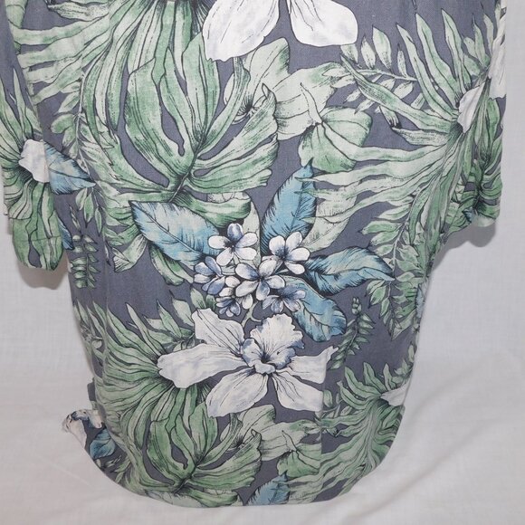 Vintage Silk Mens M Gray Green White Floral Hawaiian Silk Linen Blend Shirt - Picture 10 of 10